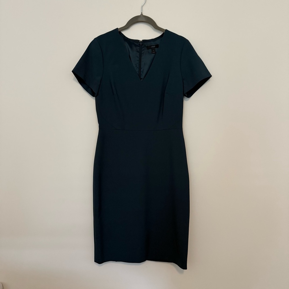 J. Crew Dark GreenSuiting Dress, Back Zip and Vent. V-Neck. Short Sleeve